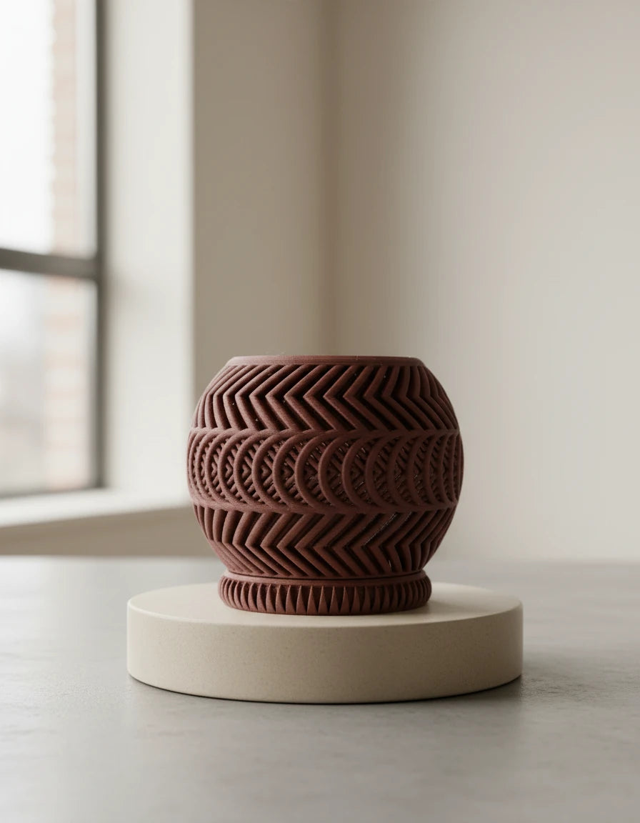 Terakotový kvetináč Tavira na nízkom okrúhlom podstavci v slnečnom svetle.