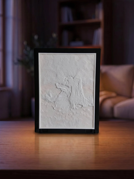 Litofania psa v pupavach, zhasnuta biely relief