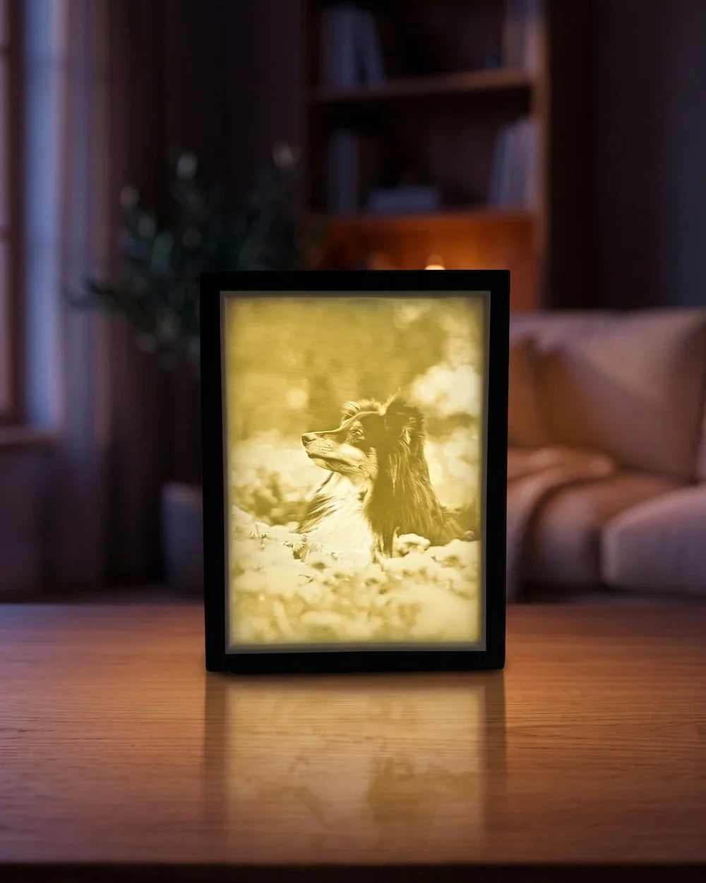 Litofánia z fotografie rozsvietená v interiéri