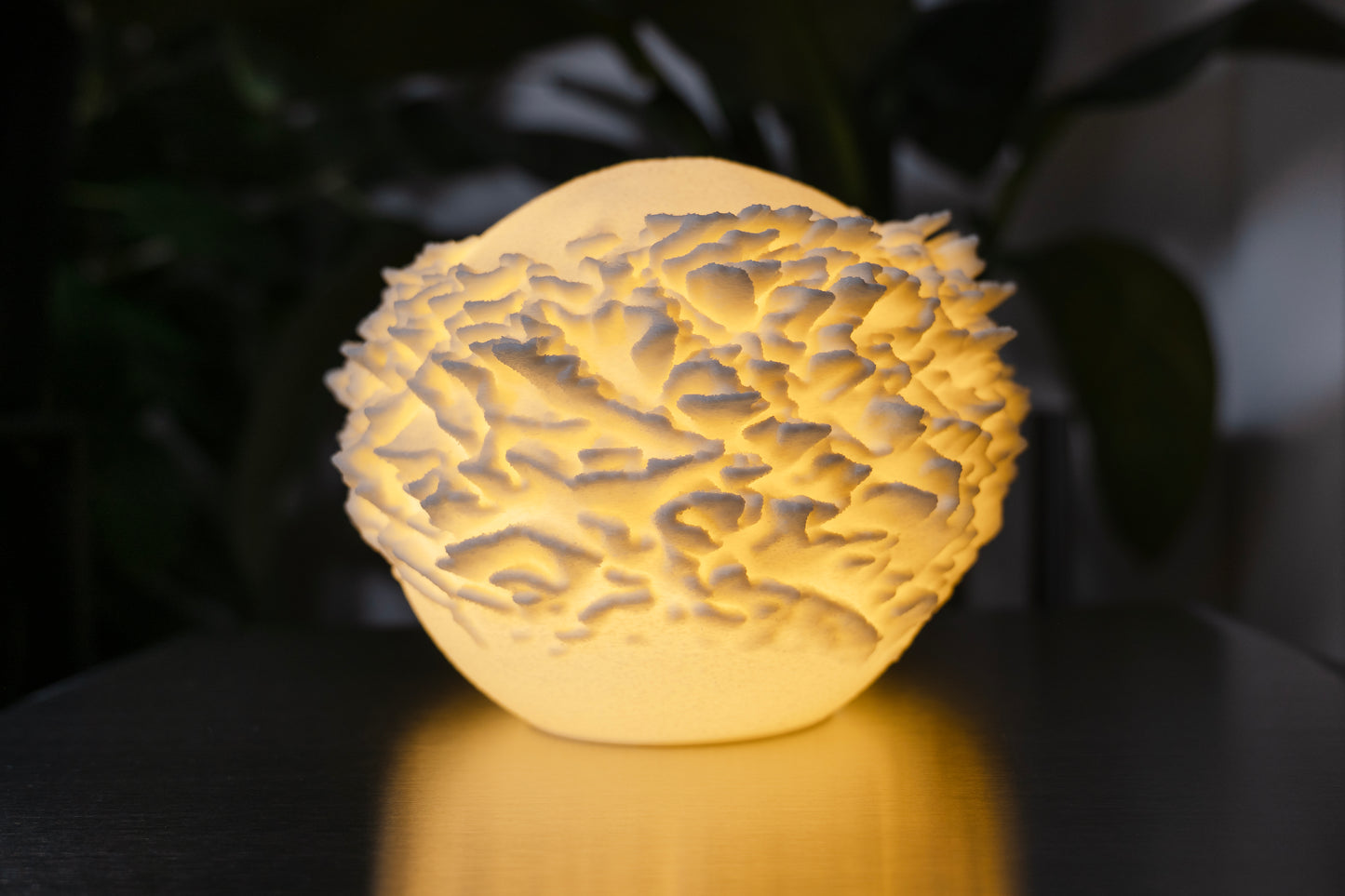 Reef Mini koralová lampa svieti teplým svetlom na tmavom pozadí