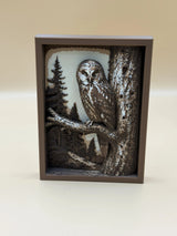 Sova na konári - vrstvený obraz z lesa (Shadow Box)