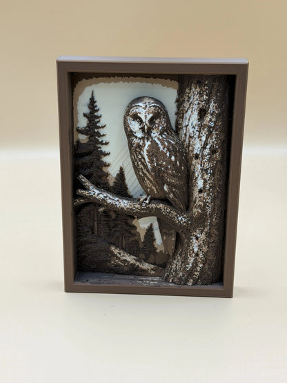 Sova na konári - vrstvený obraz z lesa (Shadow Box)